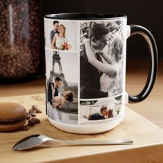 a coffee mug that has photos on it