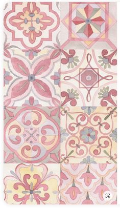 an artistic tile design in pink, yellow and grey colors with different designs on it