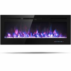 an electric fireplace with blue and purple flames on the side, in front of a white background