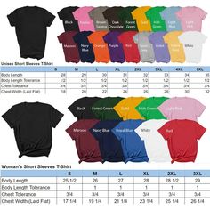 women's short sleeve tshirt sizes chart with measurements for each t - shirt