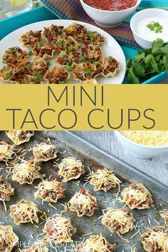 mini taco cups on a baking sheet with ingredients in bowls