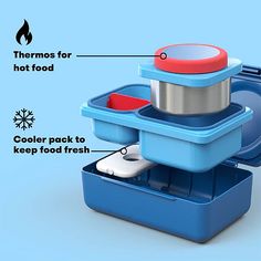 an image of a blue container with food in it and instructions on how to use it