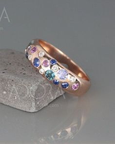 Multi Gemstone Ring, Solid 14k Rose Gold Cluster Ring set with Diamonds and Gemstones, Birthstone Ring, Blue Sapphire, Amethyst and Blue Topaz Ring. This ring was inspired by the purple night skies, when bright shades of blue and purple blended together to perfection.The 18 gems paved in a random pattern, gently flowing over the ring.This ring is a part of my Nature collection, jewelry inspired by nature, Truly breathtaking. Purple Night, Ring Blue Sapphire, Cluster Ring Set, Girlfriend Jewelry, Multi Gemstone Ring, Random Pattern, Gold Gemstone Ring, Handmade Fine Jewelry, Nature Collection