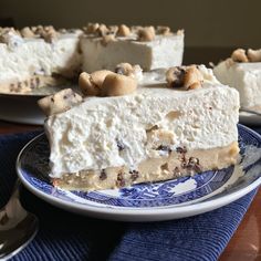 a piece of cake on a blue and white plate