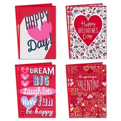 four valentine's day greeting cards with hearts