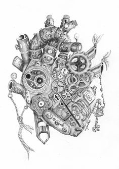 a drawing of a heart made out of gears and other things on the side of it