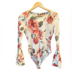 Nwot Charlotte Russe Sheer Floral Bodysuit W/ Bell Sleeves Size: Medium Color: Cream W/Floral Print Snap Gusset See Photos For Measurements And Fabric Care Spring Printed Stretch Bodysuit, Spring Stretch Printed Bodysuit, Printed Stretch Bodysuit For Spring, Fitted Pink Floral Print Bodysuit, Fitted Pink Bodysuit For Spring, Stretch Pink Floral Print Bodysuit, Casual Pink Bodysuit With Floral Print, Spring Floral Print Long Sleeve Bodysuit, Spring Floral Print Fitted Bodysuit