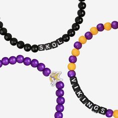 A whole new way to rep the team in style is here. Step up your fan fashion sense with this Minnesota Vikings 3 Pack Beaded Friendship Bracelet. These matching friendship bracelets have an all-over team-colored design and team logo displays, which makes them the perfect way to show your support for the Minnesota Vikings on gamedays and every day in between. Every bead bracelet design is the perfect addition to your outfit, whether you’re heading to the game, watching at home, or just hanging out Game Day Black Wristband With Letter Beads, Black Team Spirit Adjustable Beaded Bracelets, Black Adjustable Beaded Bracelets Team Spirit Style, Black Adjustable Beaded Bracelets For Team Spirit, Black Beaded Bracelets With Letter Beads For Game Day, Black Team Spirit Jewelry For Game Day, Casual Personalized Beaded Bracelets For Fans, Matching Friendship Bracelets, Cool Friendship Bracelets