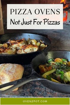 two pans with different types of food in them on a table next to a fire