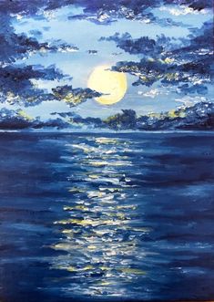 an acrylic painting of the moon and clouds over the ocean at night time