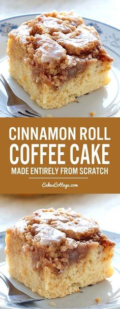 cinnamon roll coffee cake made entirely from scratch on a blue and white plate with text overlay