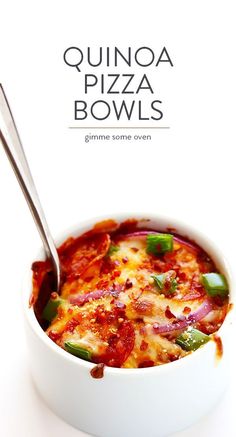 a bowl of quinoa pizza bowls on a white background with the words quinoa pizza bowls above it