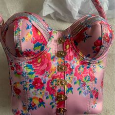 Betsey Johnson Kitsch Corset Crossbody Shoulder Bag Purse Brand New With Tags Limited Edition Pink Shaped Just Like A Woman Wearing A Gorgeous Corset Sparkly Rhinestone Detailing Adjustable Strap Zipper Closure Flat Bottom Lined Pink Interior Pink Ribbon Lace Up On Back Satiny Floral Design Gold Tone Hardware 9.5” X 8” X 3.2” All My Items Are Guaranteed Authentic Smoke Free Home Price Is Firm Designer Bags For Party In Spring, Designer Party Bag For Spring, Designer Party Bags For Spring, Betsy Johnson Bags, Betsey Johnson Purses, Vintage Leather Handbag, Favorite Purse, Barrel Bag, Purse Brands