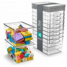 stacking bins filled with toys and building blocks