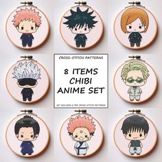 8 cross stitch patterns with anime characters on the front and back of each one, in different styles