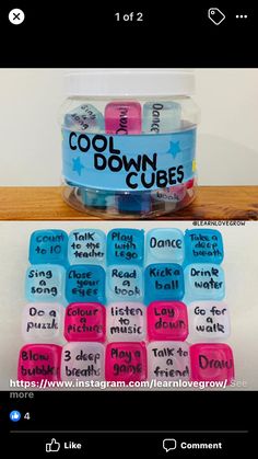 there are many different colored dices in the container and one is labeled cool down cubes