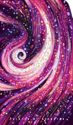 an abstract painting with swirls and dots in purple, pink, yellow and white