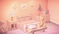 there is a teddy bear sitting on a bench in the room next to a bed