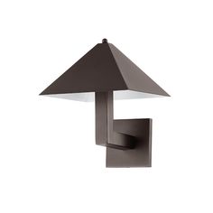 an outdoor wall light with a black shade on it's side and a white background