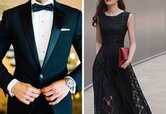 two photos one is wearing a black dress and the other has a red clutch bag