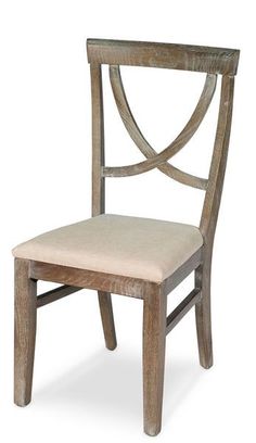 a wooden chair with a beige seat and back cushion on an isolated white background,