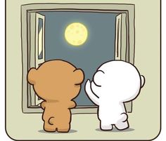 two little bears are looking out the window at the moon