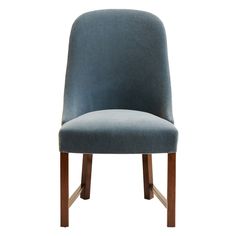 a blue upholstered chair with wooden legs on an isolated white background for display