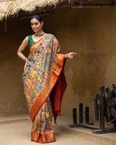 INR 46,000 This saree is ideal for festive occasions, cultural events, or weddings, where it can be paired with minimalistic jewelry to let the artwork take center stage. Its combination of art and elegance makes it a unique and timeless piece.  This comes with an unstitched blouse piece.  Saree Length: 5.5 meters Saree width: 47 inches Blouse fabric measurements: 80cm X 47 inches. Body base colour: Shade of Yellow Border and Pallu colour: Shade of Red [kapaaskatha, sustainable art, kalamkari... Sustainable Art, Cultural Events, Shades Of Yellow, Center Stage, Blouse Fabric, Shades Of Red, Blouse Piece, Minimalist Jewelry, Base Colour