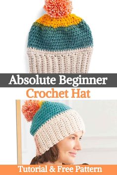 the absolute beginner crochet hat is shown in two different colors and sizes