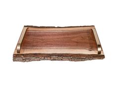 a wooden tray with metal handles on white background