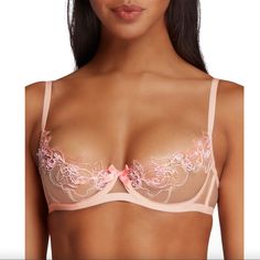 Details Agent Provocateur "Lindie" Sheer Tulle Bra With Floral Lace Embroidery Color: Baby Pink Orange Size: 32d Underwire Demi Cups Adjustable Shoulder Straps Dainty Bow At The Center Gore Vertical Darts For Added Shape Hook-And-Eye Back Closure Polyamide/Viscose Hand Wash Made In Morocco $235 New To Poshmark? Sign Up Using The Code Limitedgems And Save $10 On Your Purchase Silk Bra, Pink Lace Bra, 32d Bra, Demi Cup, Black Lace Bra, Soft Cup Bra, Demi Bra, Black Bra, Womens Bras