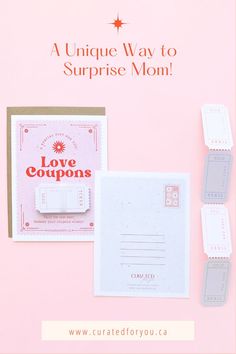 Modern greeting card for Mother's Day. Pink and red colours, retro style with coupons or tickets attached to the card. This is a minimal, modern greeting card. Great to give as a party favor, or even to include in a Welcome Package for the guests at your wedding. Arcade Tickets, Coupons For Mom, Personalized Gift Boxes, Packaging Design Trends, Sister Best Friend, Felt Crafts Christmas, Coupon Card, Gifts For Your Sister, Love Coupons