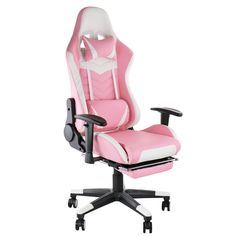 a pink and white office chair on wheels