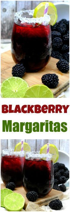 blackberry margaritas with lime slices and blackberries on the side