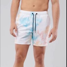 Comfortable, Shorter-Length Trunks That Hit Mid-Thigh, Interior Mesh Lining, Designed With An Adjustable Drawstring Waistband, Allover Tie-Dye Pattern And Logo At Left Leg. Body:92% Polyester, 8% Elastane / Mesh:100% Polyester Casual Tie Dye Swimwear For Swimming, Casual Tie-dye Swimwear, Casual Tie Dye Fitted Swimwear, Casual Fitted Tie-dye Swimwear, Kids Swim Trunks, Hollister California, Mens Boardshorts, Printed Swim, Mens Swim Trunks