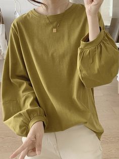 Long Sleeves Loose Pleated Solid Color Round-Neck T-Shirts Tops YELLOW-One_size Modest Summer, Leisure Fashion, Puff Long Sleeves, Tops Black, Long Puff Sleeves, Fashion Seasons, Cardigan Tops, Black Coffee, Cotton Style