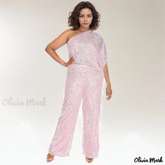 Olivia Mark - Sleeveless One-Shoulder Jumpsuit with Shimmering Sequins Embellishment Glamorous Off-shoulder Jumpsuits And Rompers For Party, Glamorous One-shoulder Summer Jumpsuits And Rompers, Sequin Strapless Sleeveless Jumpsuit For Party, Glamorous One-shoulder Jumpsuits And Rompers For Summer, Sequin Strapless Jumpsuit For Party, Glamorous Strapless Sleeveless Jumpsuit For Party Season, Glamorous One-shoulder Summer Jumpsuit, One Shoulder Jumpsuit For Summer Party, Pink Sequined Jumpsuits And Rompers For Summer