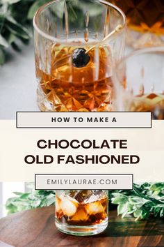 an old fashioned glass filled with chocolate and ice sits on top of a wooden table