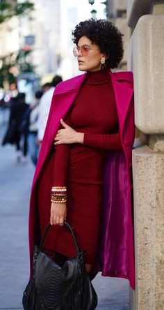 Women Black Waistcoat Outfit, Burgundy And Fuschia Outfit, Light Pink Satin Skirt Outfit, How To Wear Purple, Feminine Work Outfit Office Wear, Red Purse Outfit, Feminine Archetypes, Burgundy Sweater Dress, Classy Office