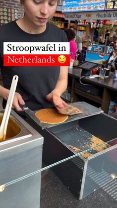 a woman is making some food in a kitchen with the words stroopwafel in netherlands above her