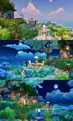 two different views of the sky and water in an animated world with trees, houses, clouds