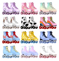 the roller skates are all different colors and sizes