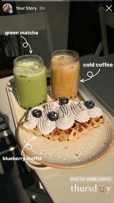 a plate topped with food and drinks next to each other