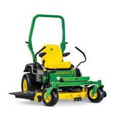 a green and yellow riding mower on a white background