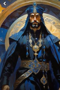 a painting of a man dressed in blue with gold accents and jewelry on his chest