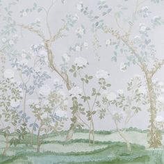 a painting of white flowers and trees on a gray wallpapered room with green grass