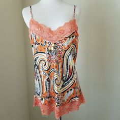 No Tag But Never Worn Excellent Condition V-Neck 100% Silk Sequence Spread On Top Of Lace Adjustable Straps Gorgeous Print Multicolor V-neck Tank Top, Multicolor Tank Top For Summer Loungewear, Spring Orange V-neck Tank Top, Multicolor Sleeveless Tank Top For Loungewear, Orange V-neck Tank Top For Spring, Orange V-neck Tank Top For Summer, Orange Camisole Tank Top For Spring, Summer Orange Cami Tank Top, Orange Sleeveless Camisole For Spring