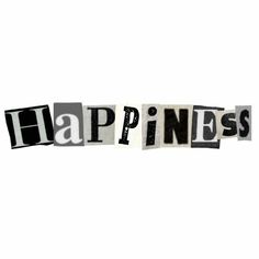 the word happiness spelled in cut out letters on a white background with black and grey squares