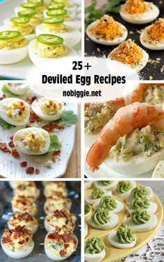 different deviled egg recipes are shown in this collage, including deviled eggs and other appetizers