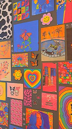 a wall covered in lots of colorful pictures